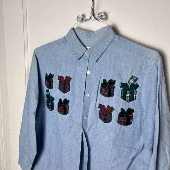 Vintage 90s Talbots Chambray Button Down Present Patch Cute Long Sleeve Shirt S - Picture 2 of 7